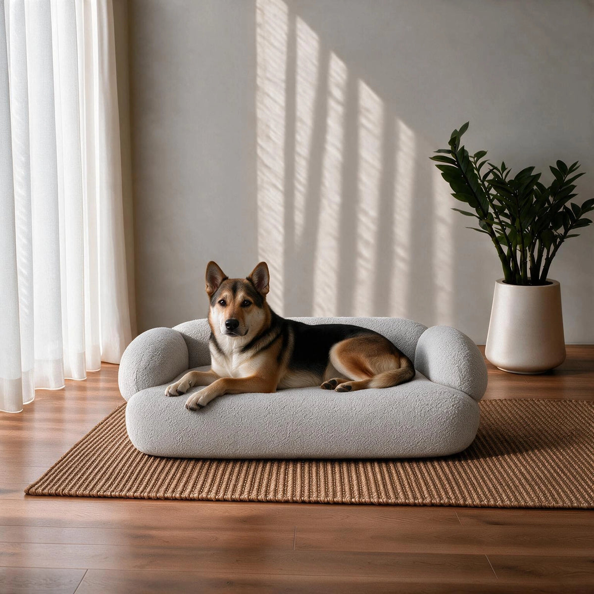 A German Shepherd dog lies on a round, low-profile white boucle pet bed placed on a woven rug in a sunlit room with a potted plant and curtains.