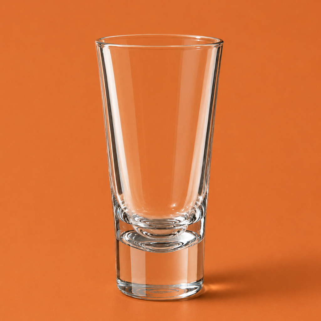 Clear glass shot glass on an orange background
