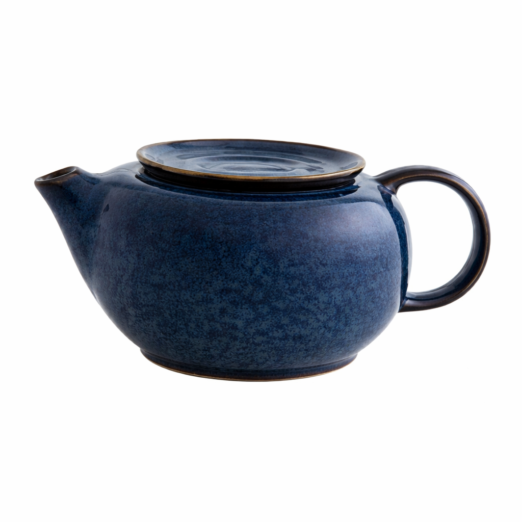 Blue ceramic teapot with lid on a white background