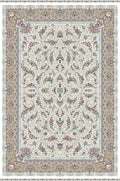 A traditional oriental-style area rug with an intricate floral and scroll pattern, featuring a cream center field and a detailed multi-colored border.