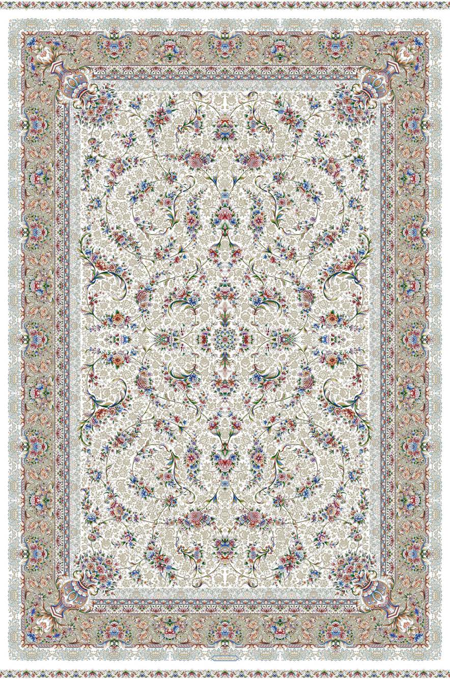 A traditional oriental-style area rug with an intricate floral and scroll pattern, featuring a cream center field and a detailed multi-colored border.