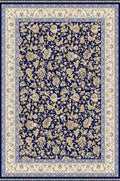 A traditional oriental-style area rug with a navy blue field, beige and cream floral motifs, and an ornate cream border with blue accents.