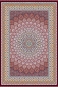 A square area rug with an intricate Persian-style geometric pattern, featuring a central medallion and a multi-layered border in shades of dusty pink, terracotta, beige, and deep red.