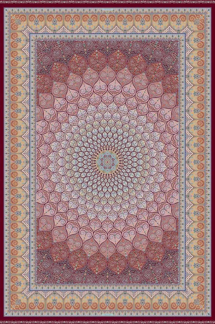 A square area rug with an intricate Persian-style geometric pattern, featuring a central medallion and a multi-layered border in shades of dusty pink, terracotta, beige, and deep red.