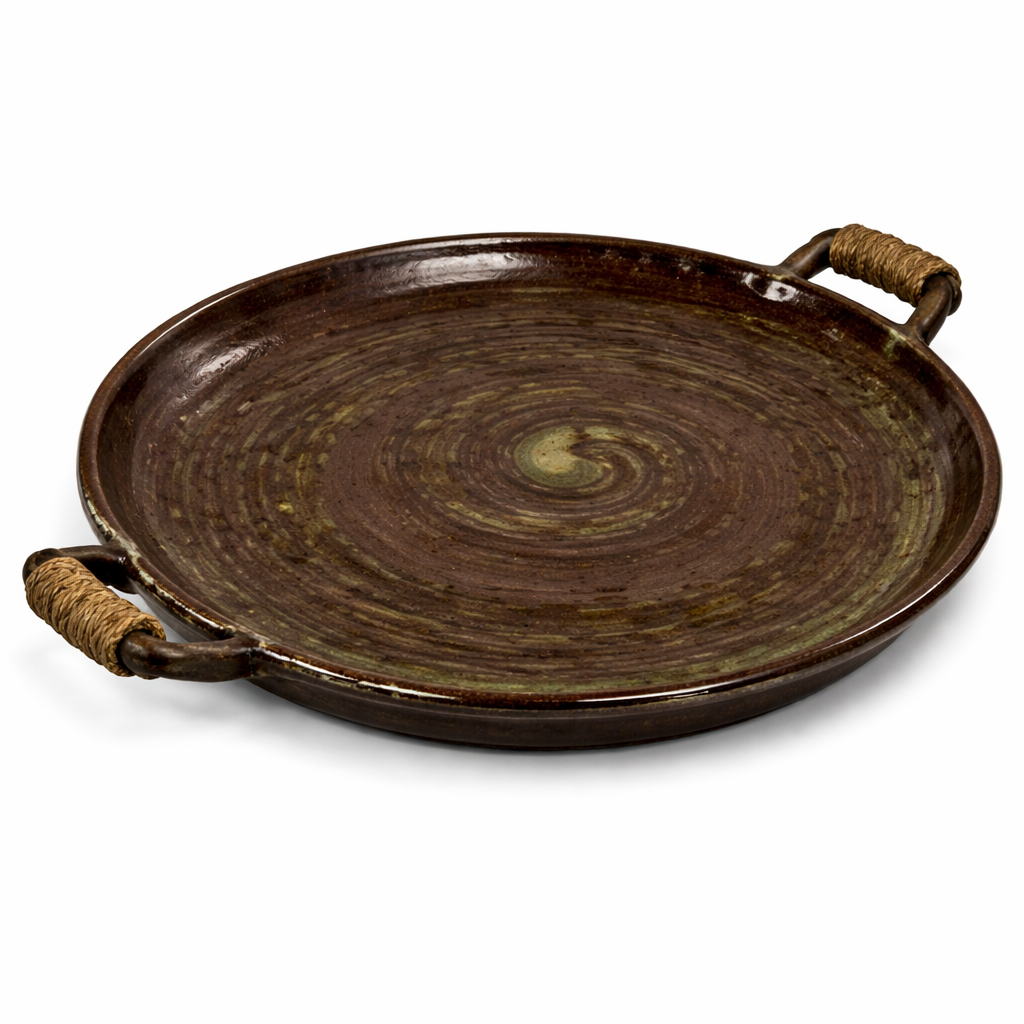 Rustic Flat Ceramic Platter With Rope Handle Brown