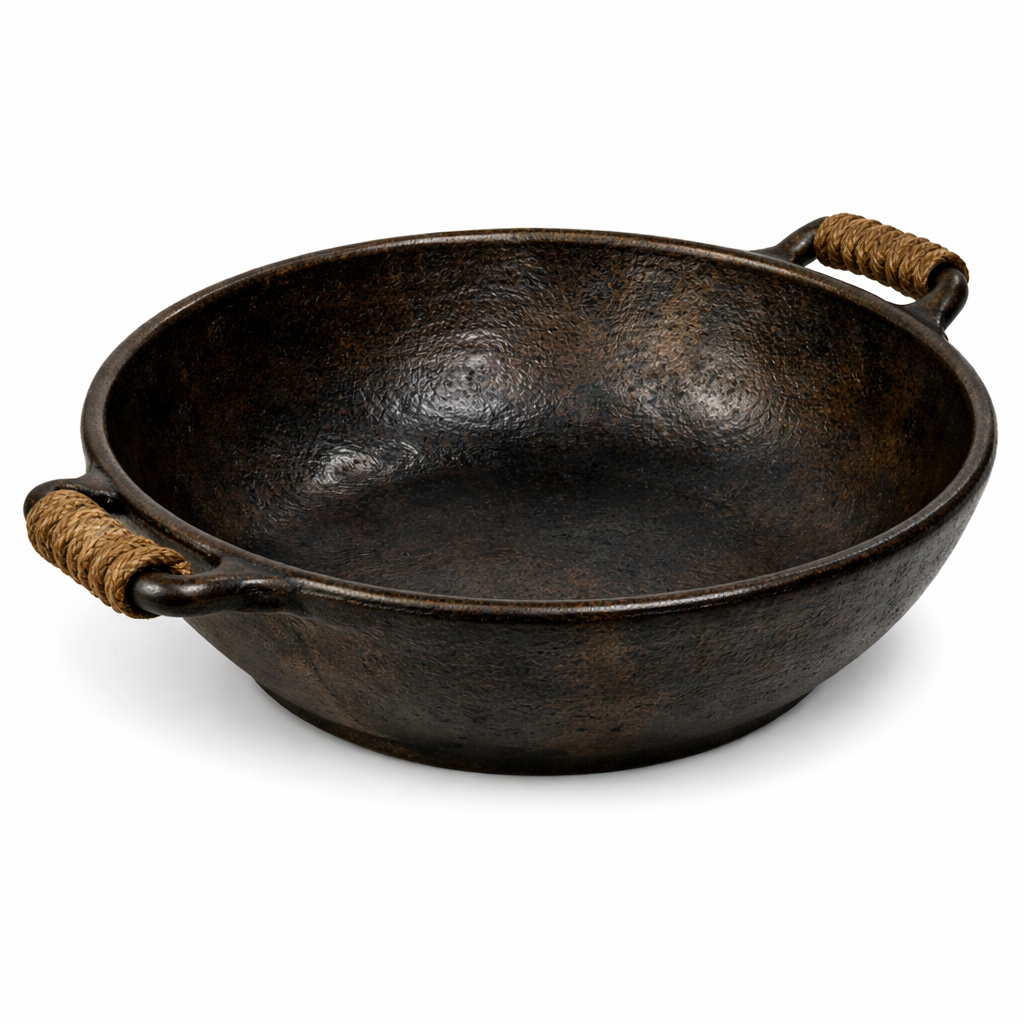 Rustic Deep Ceramic Platter With Rope Handle Bronze