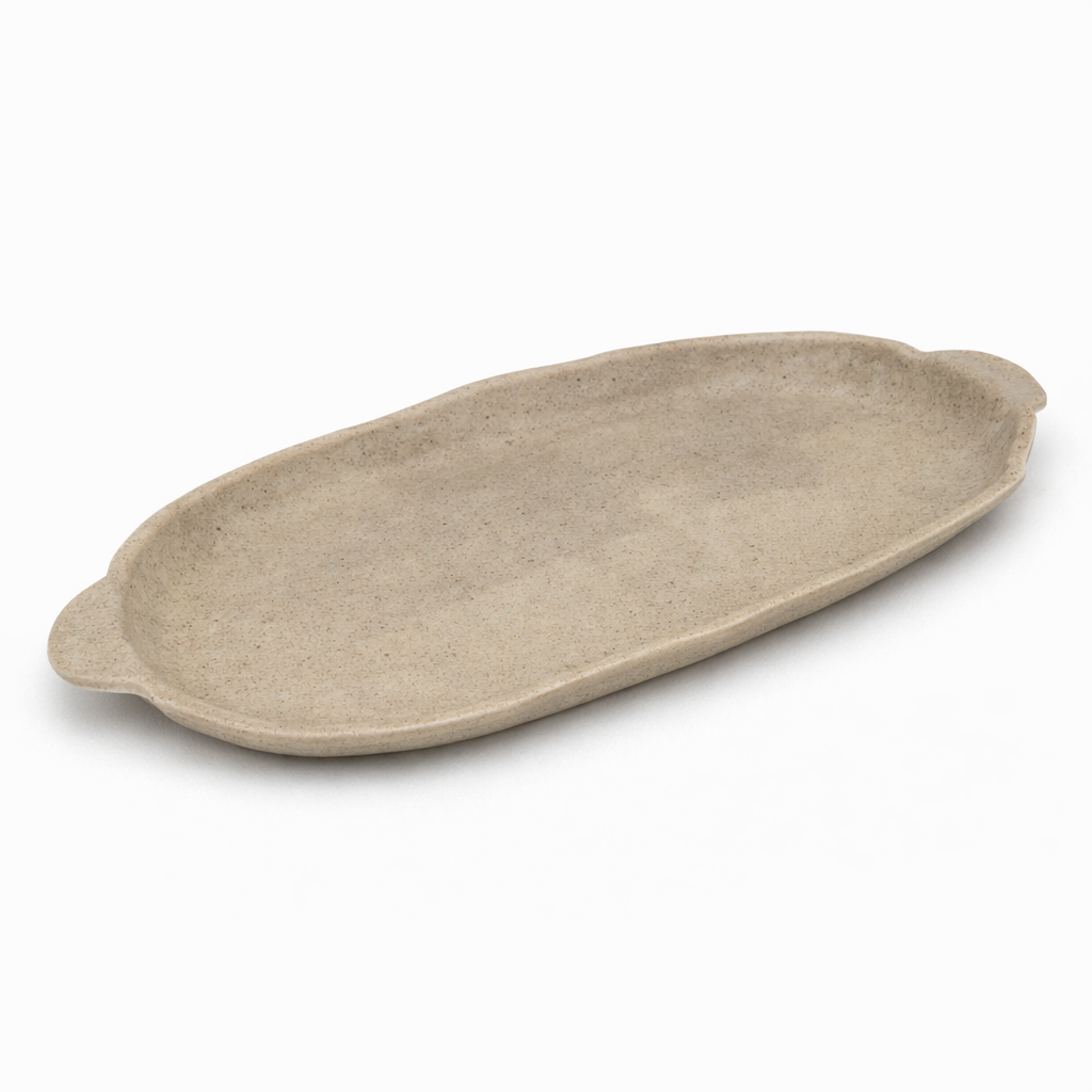 Beige ceramic serving platter on a white background