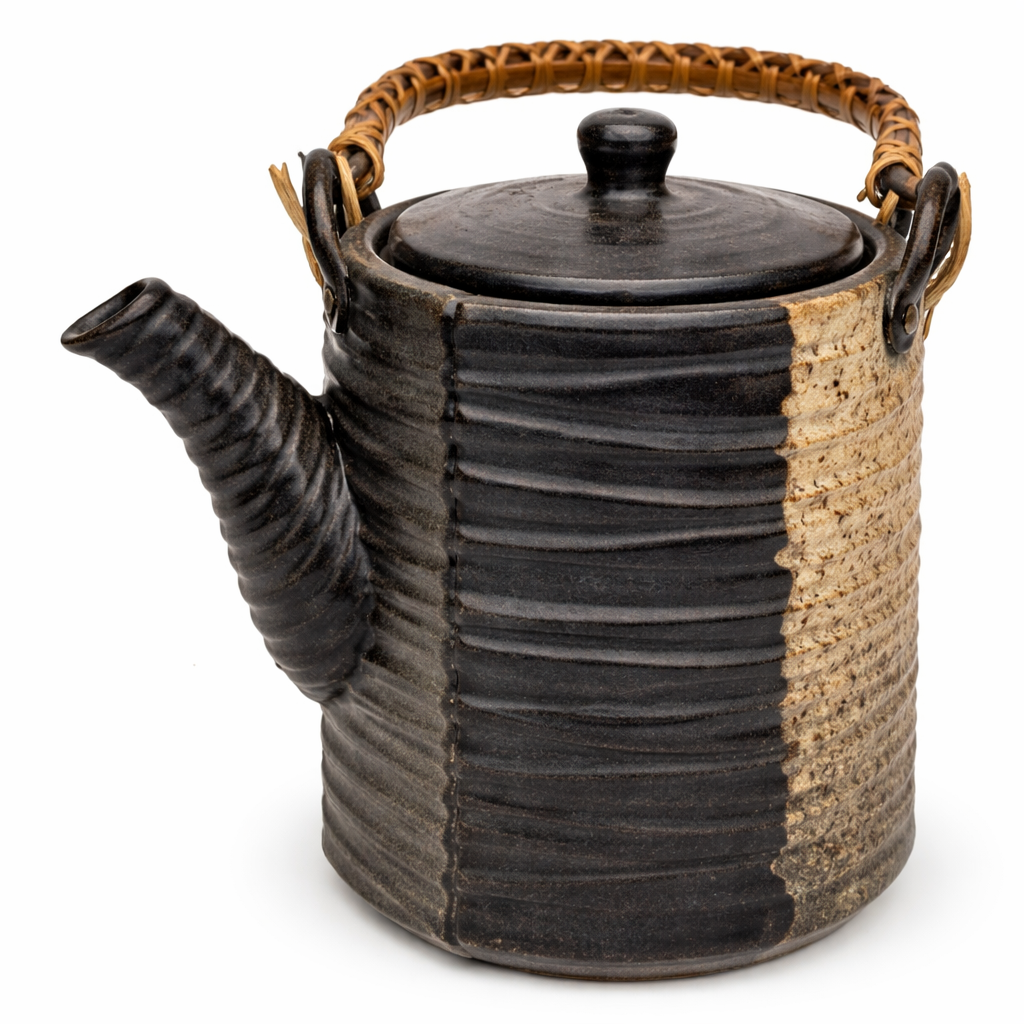 Elegant Ribbed Ceramic Teapot With Bamboo Handle