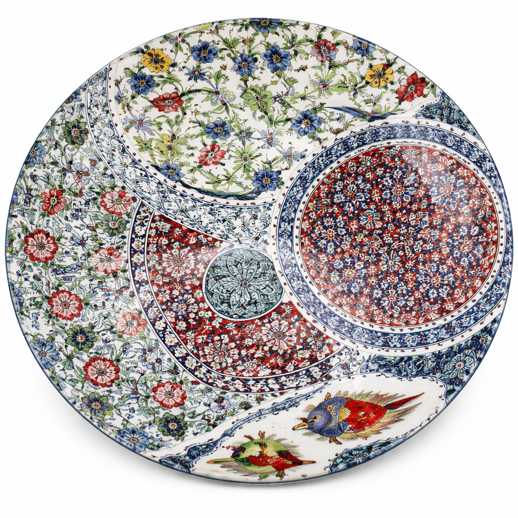 Decorative ceramic plate with intricate floral and geometric patterns on a white background