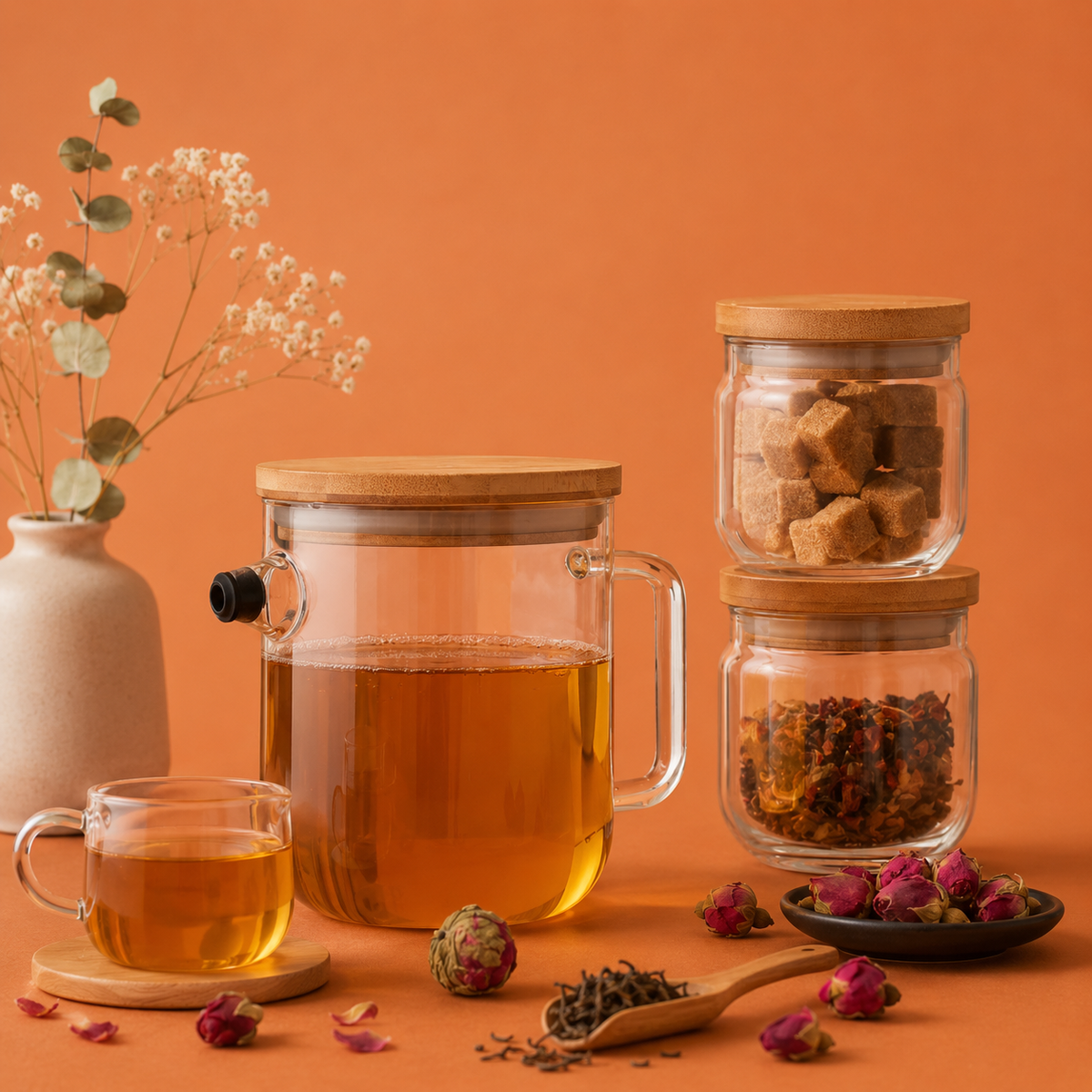 Tea-making setup with glass teapot, cup, and jars on an orange background