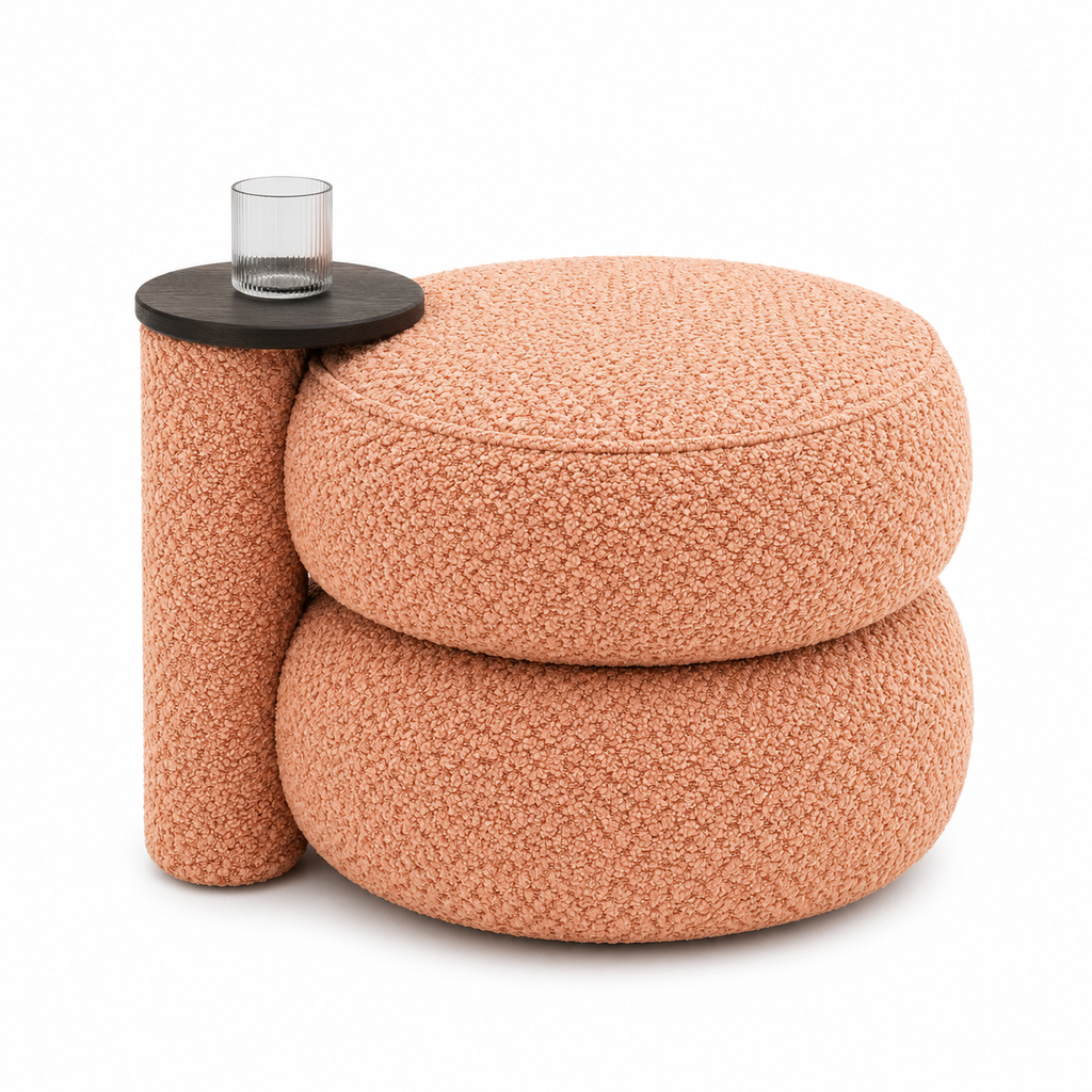 Modern Boucle Pouf with Integrated Side Table