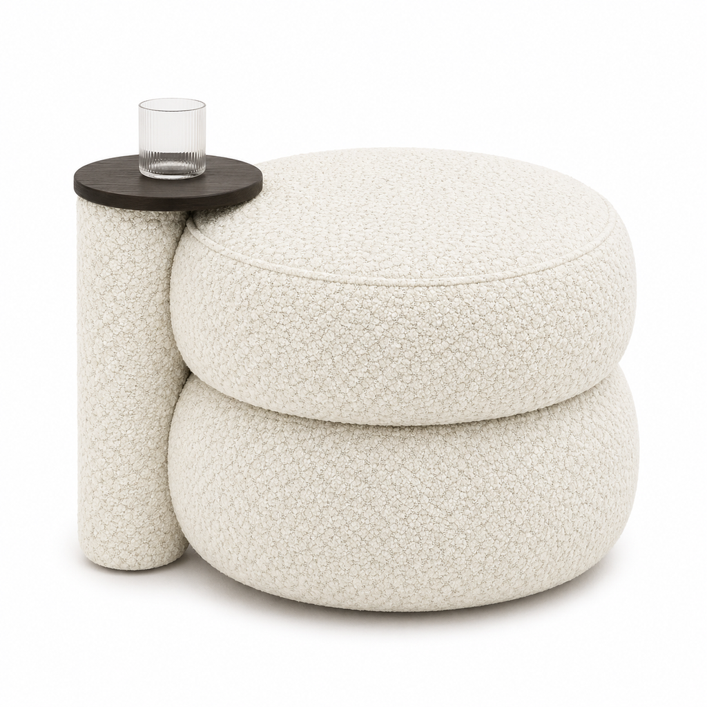 Modern Boucle Pouf with Integrated Side Table