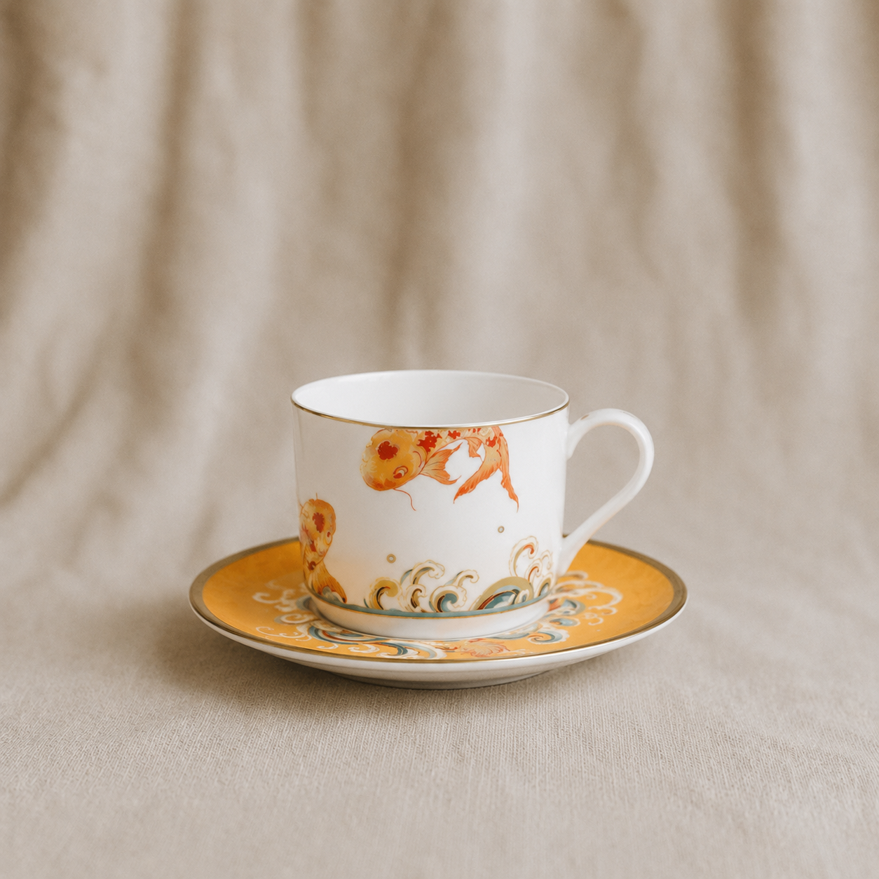 Blessing Koi Fish Porcelain Coffee Cup & Saucer - 18K Gold