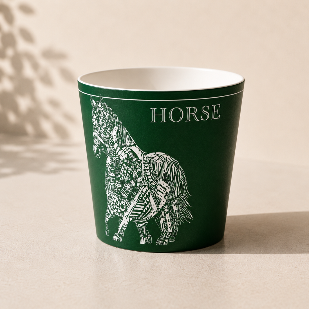 Green mug with horse design and HORSE text on a beige background