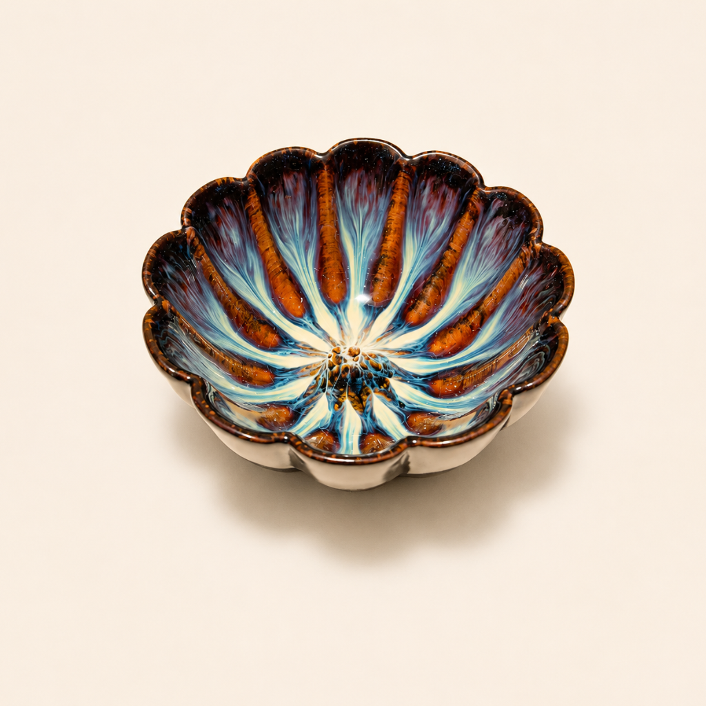 Decorative ceramic bowl with scalloped edge and blue and brown design on a beige background