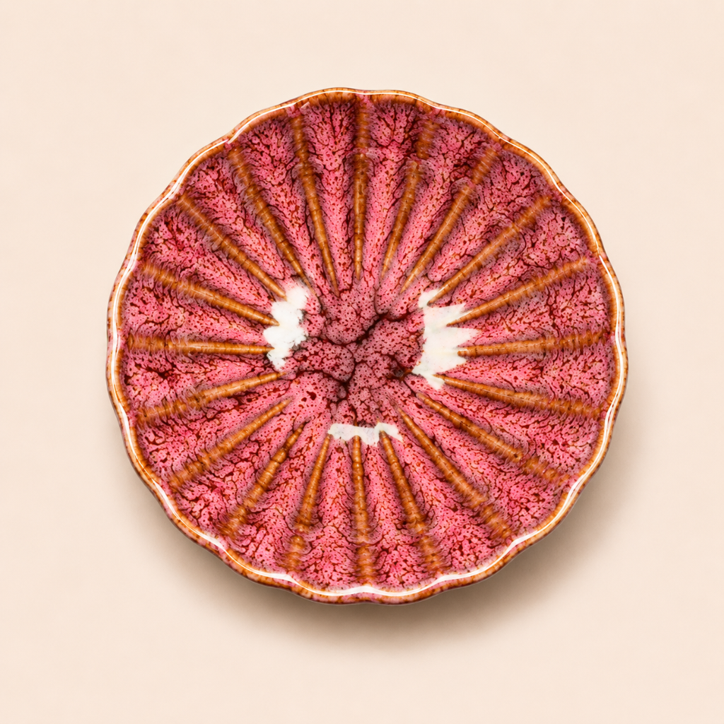 Decorative plate with pink textured center and brown rim on a beige background