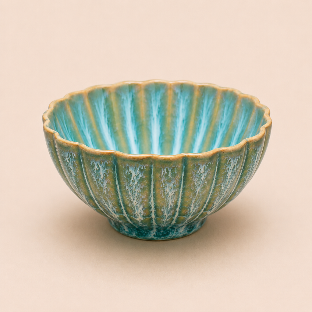 Decorative ceramic bowl with ribbed texture on a beige background