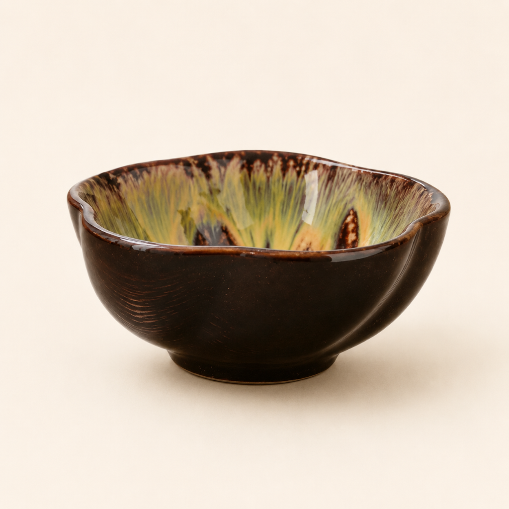 Ceramic bowl with brown and green glaze on a beige background