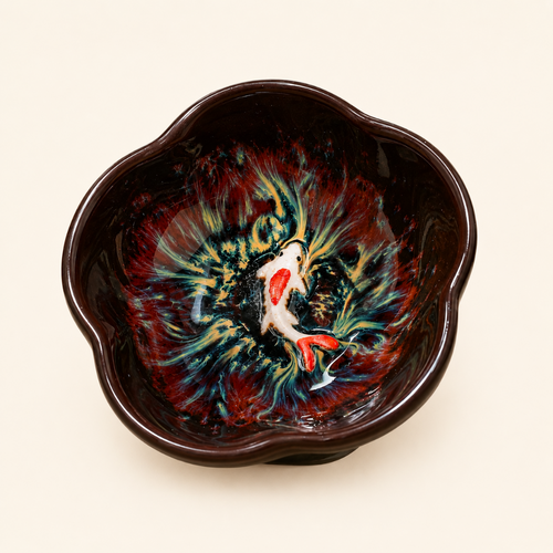 Ceramic bowl with artistic fish design on a beige background