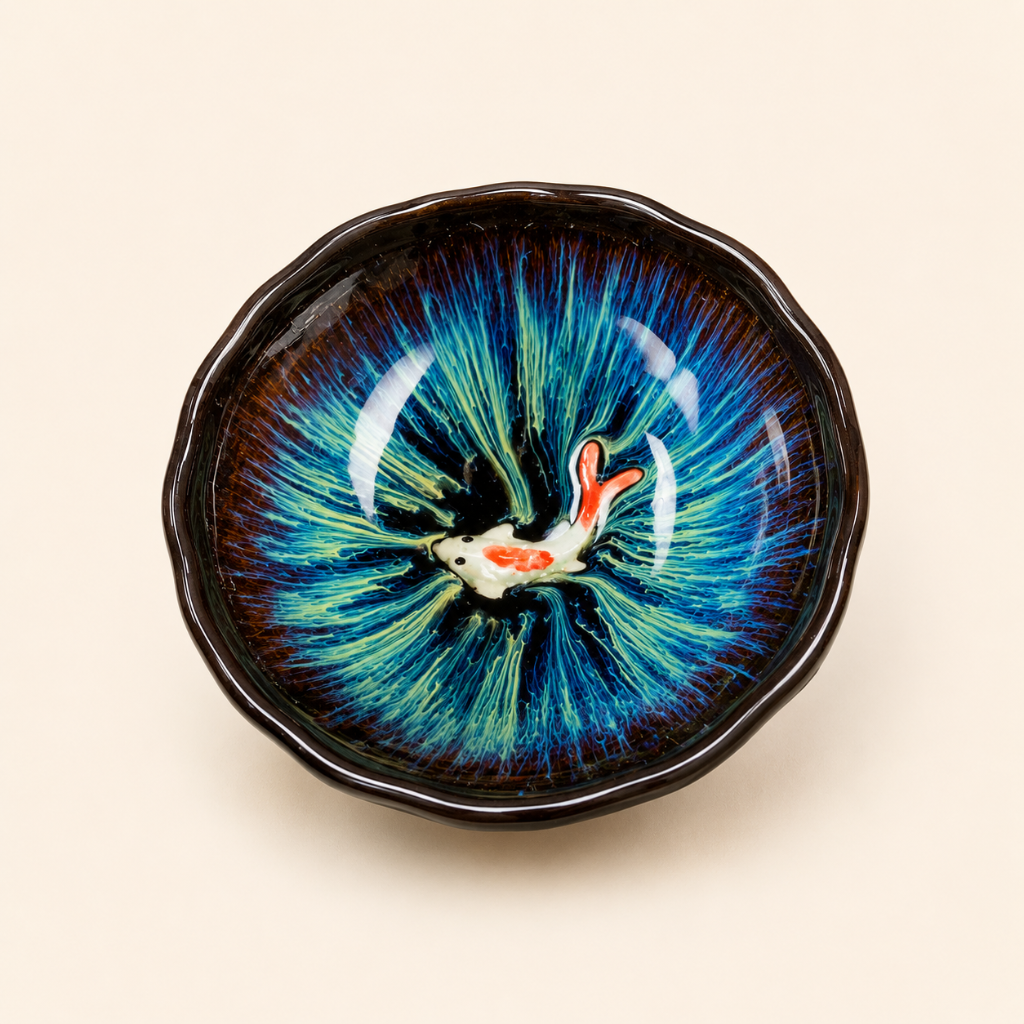 Ceramic bowl with a fish design on a beige background