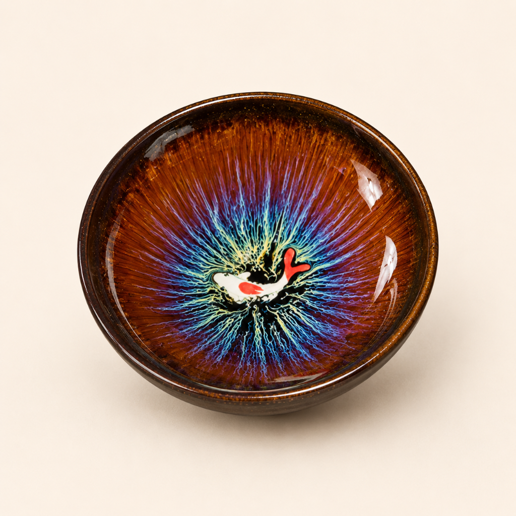 Ceramic bowl with a fish design on a beige background