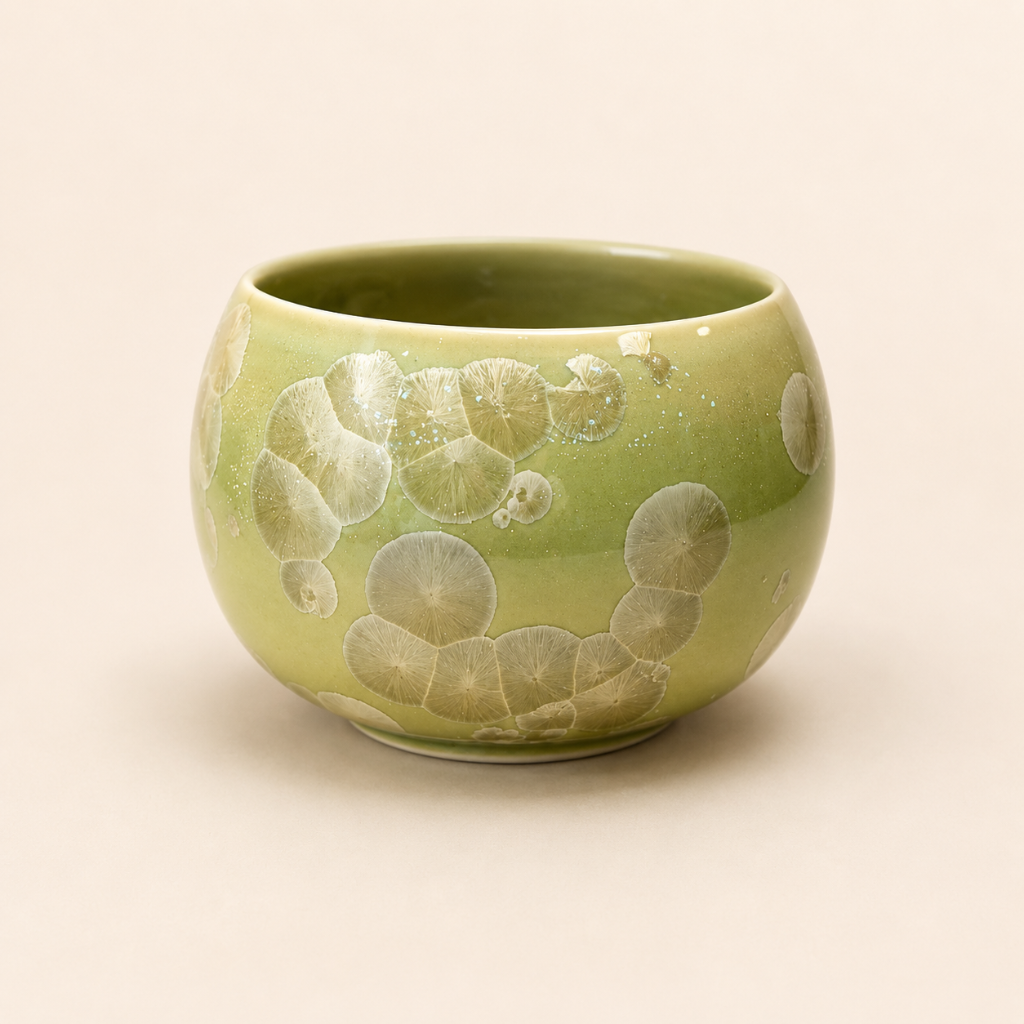 Green ceramic cup with white floral patterns on a beige background