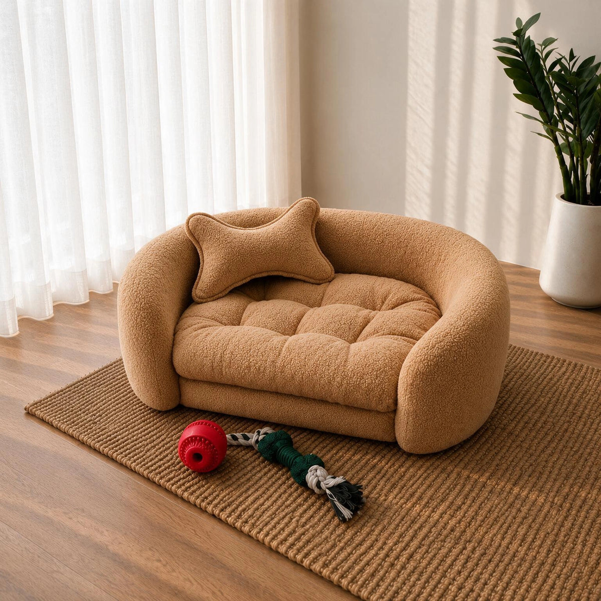 A small tan boucle pet bed with a matching bone-shaped pillow, styled on a woven rug in a bright room with wood flooring, sheer curtains, a potted plant, and a red rope toy. 