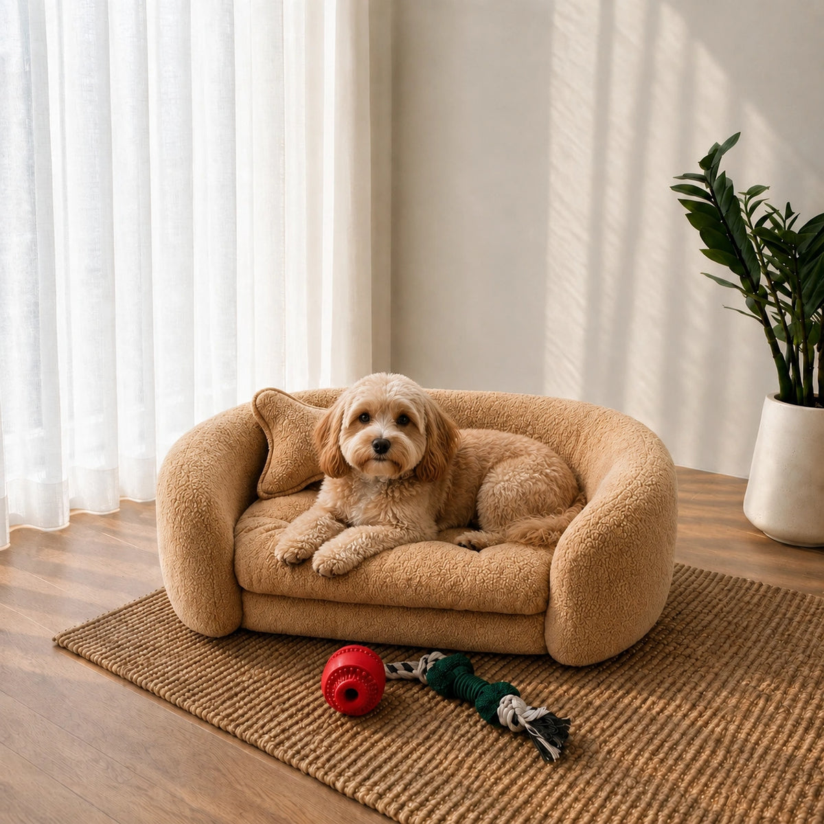 A small fluffy dog lies on a round tan pet sofa in a bright room with sheer curtains, a potted plant, wood floor, and a woven rug. A red ball toy and a rope toy sit on the rug in front of the sofa. 