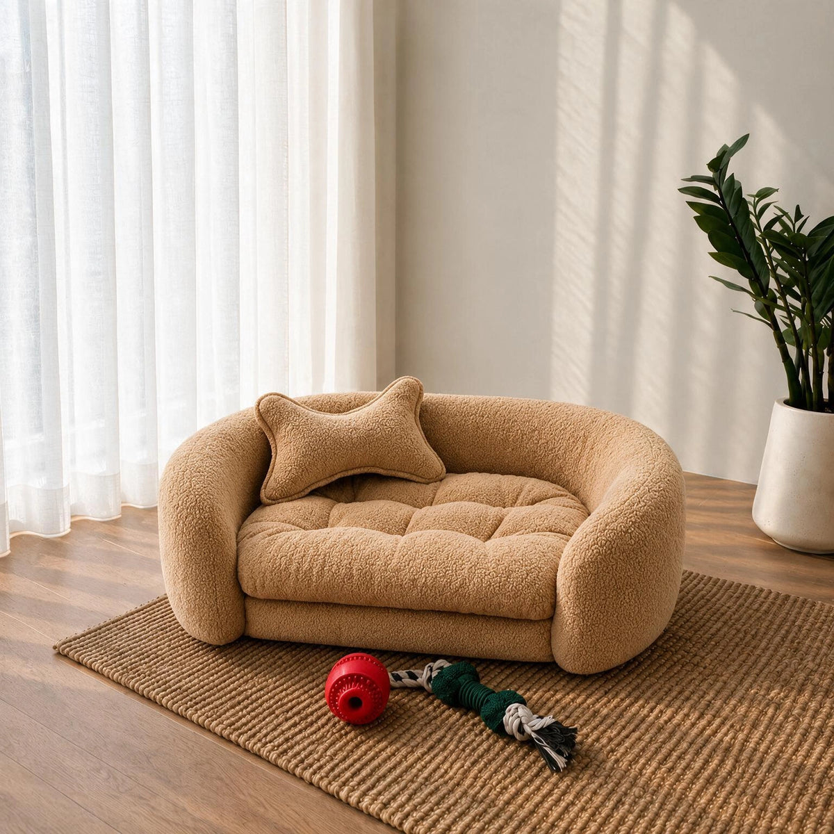 A small beige boucle pet bed with a matching cushion, styled on a woven rug in a bright room with curtains, a potted plant, and dog toys on the floor. 