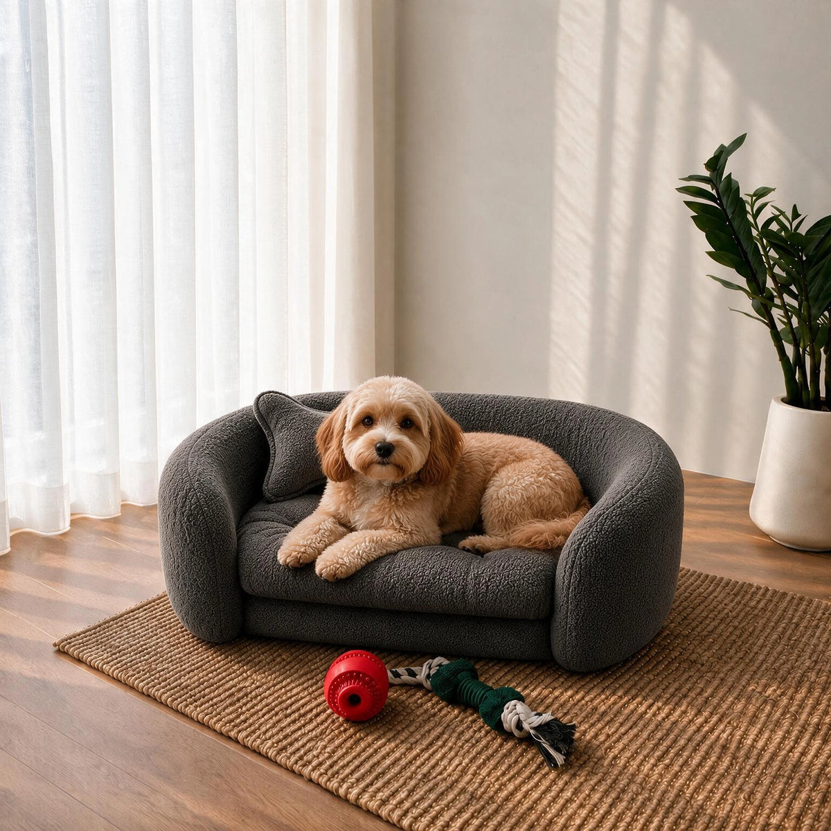 A small tan dog lies on a round dark gray plush pet sofa placed on a woven rug in a bright room with curtains, a plant, and dog toys nearby. 