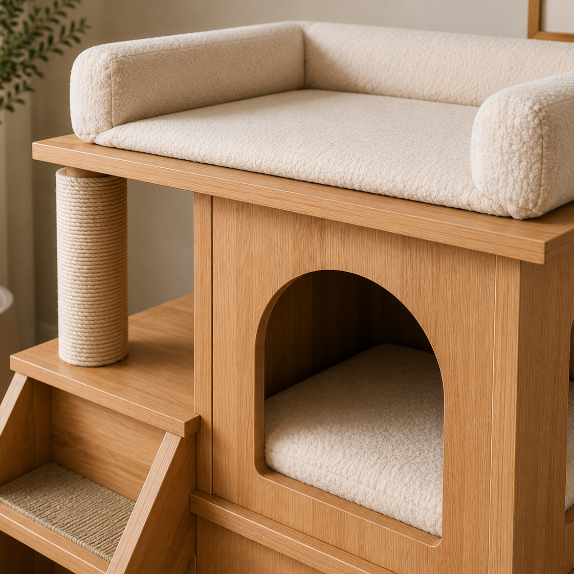 A wooden cat tree with a cream-colored plush bed on top, a scratching post, a small upper cat bed, and steps, shown in a softly lit indoor setting.