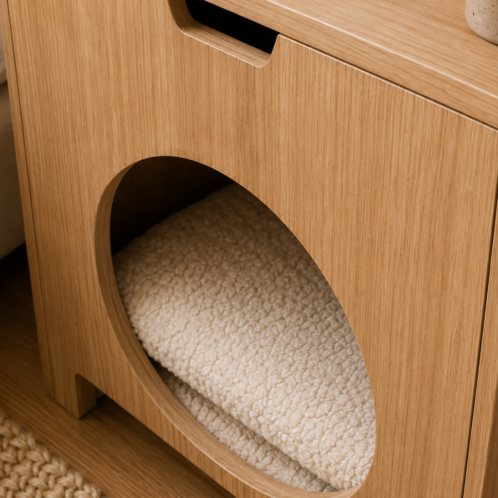 Close-up of a light oak wood nightstand with a circular cutout revealing a folded cream textured throw blanket, shown in a bedroom setting next to a bed.