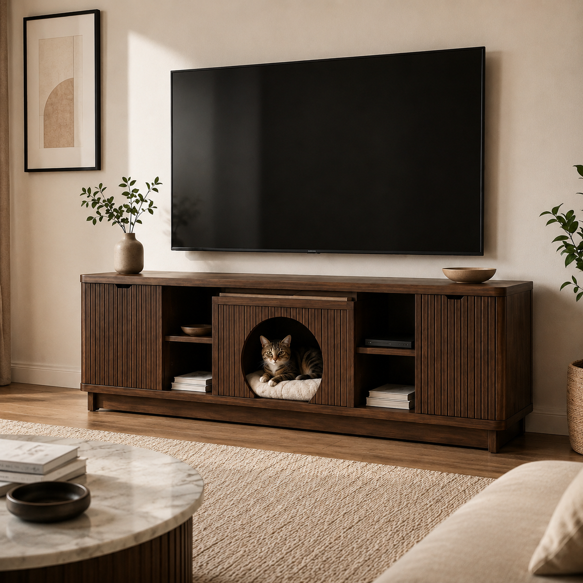 Wooden TV Unit with Integrated Pet Hideaway & Storage - Walnut