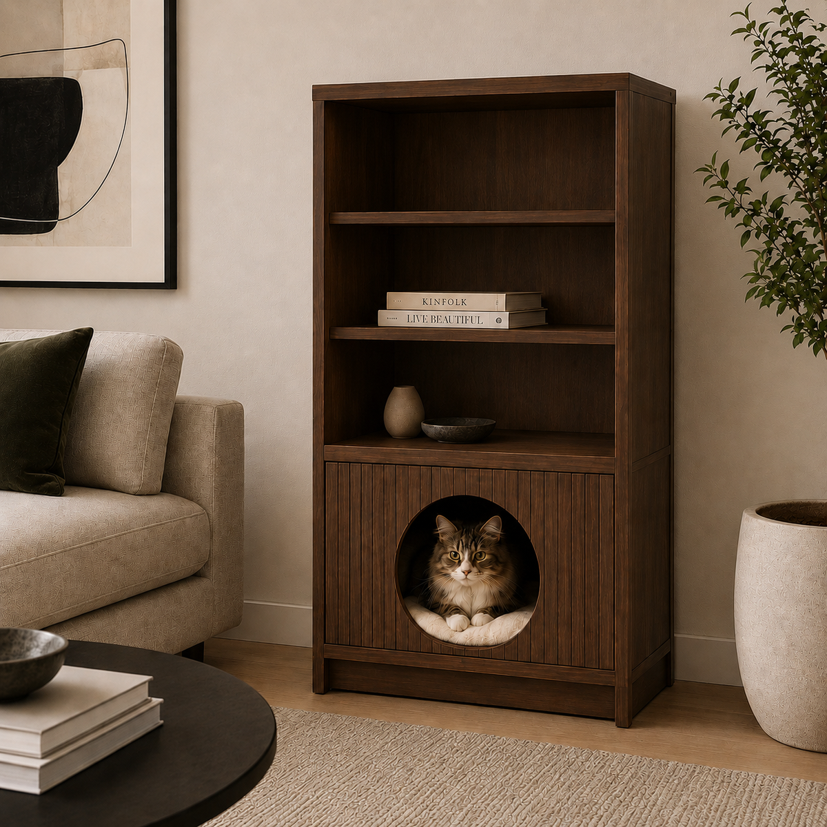 Wooden Bookcase with Integrated Pet Hideaway - Walnut