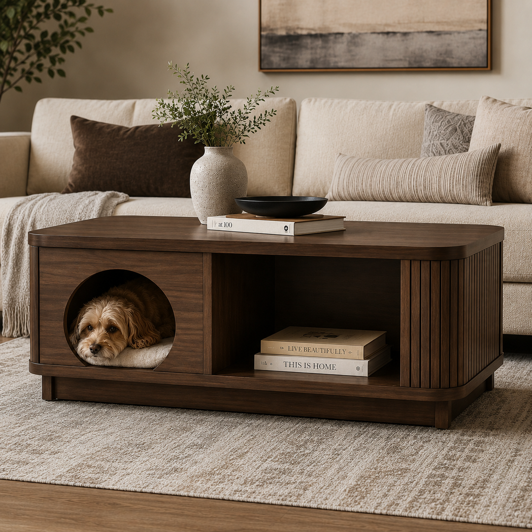 Walnut Pet Nook Coffee Table with Display Shelf