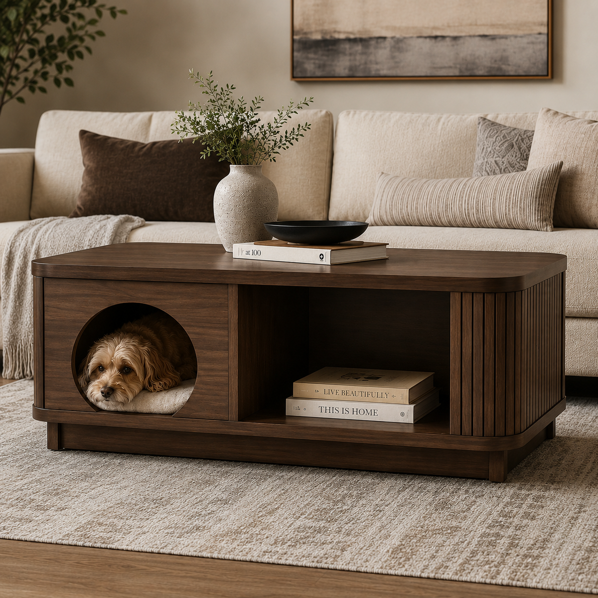 Walnut Pet Nook Coffee Table with Display Shelf