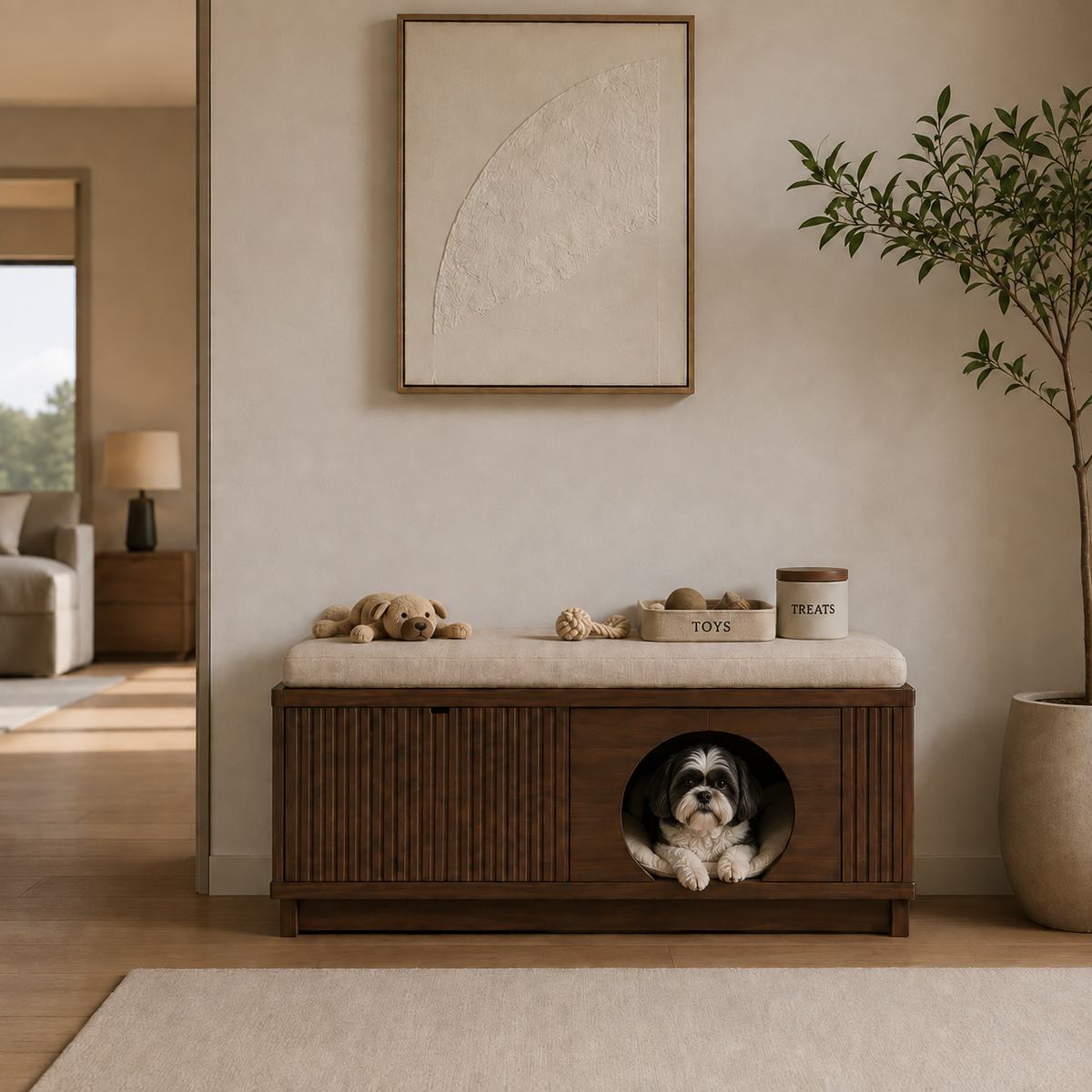 Willow Pet Retreat Storage Bench - Walnut & Cream