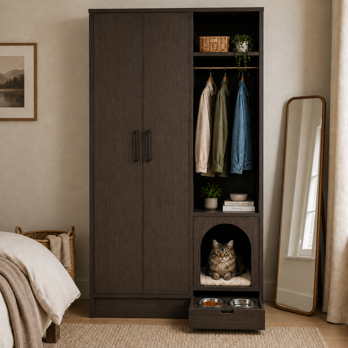 Wooden Wardrobe with Pet House & Feeding Drawer - Dark Walnut