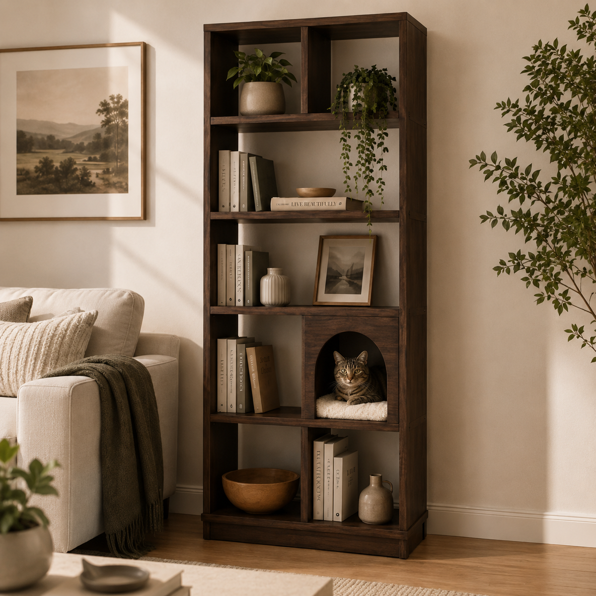 Wooden Pet House Bookcase with Display Shelves