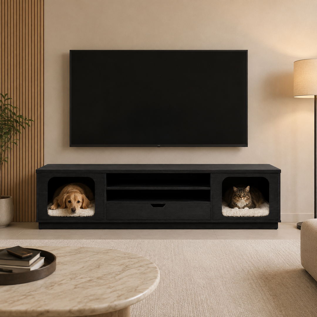 DuoNest Wooden TV Console with Twin Pet Beds & Storage - Black