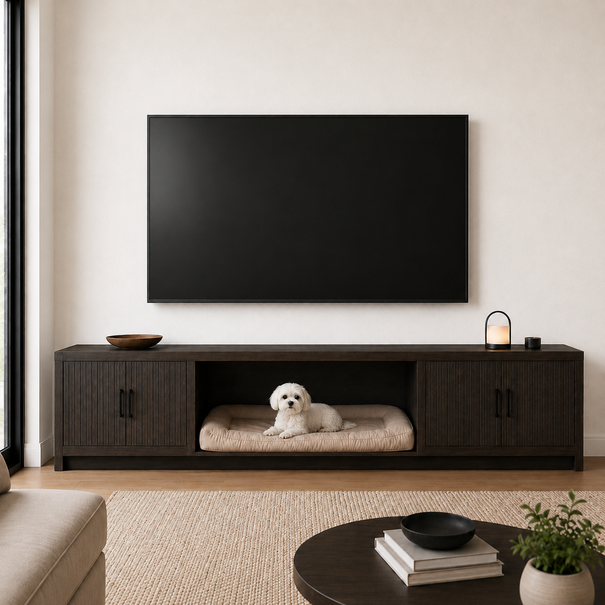 Modern Wooden TV Console with Built-In Pet Bed - Walnut & Cream