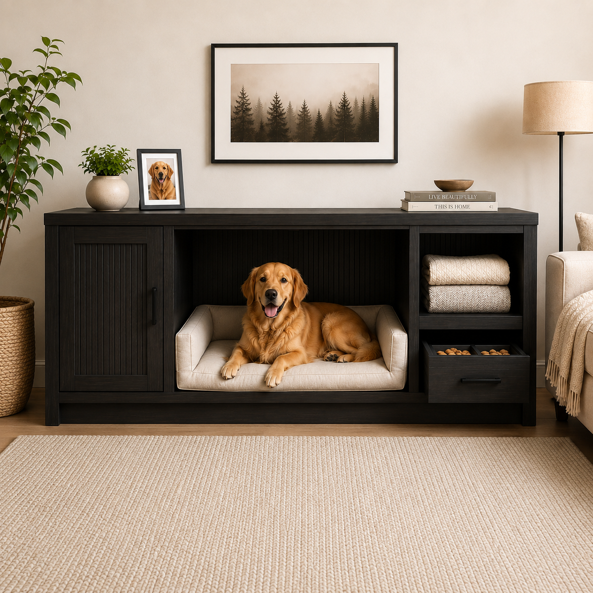 Modern Wooden Pet Bed Console with Storage & Feeding Station - Black & Cream