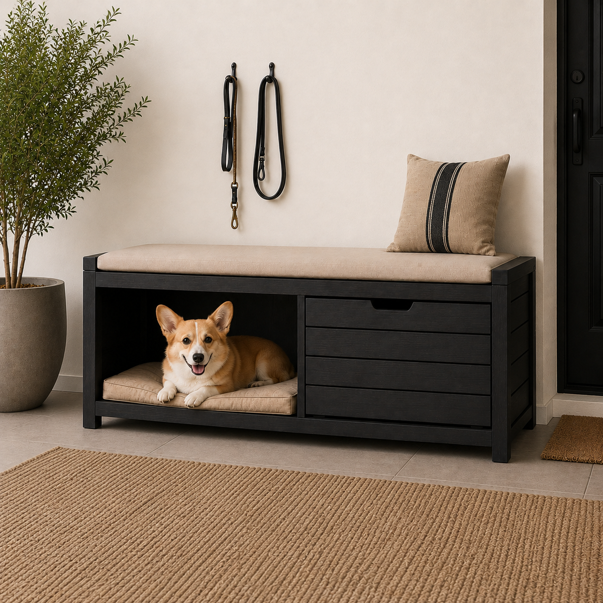 Modern Wooden Entryway Pet Bed Bench with Storage - Black & Cream