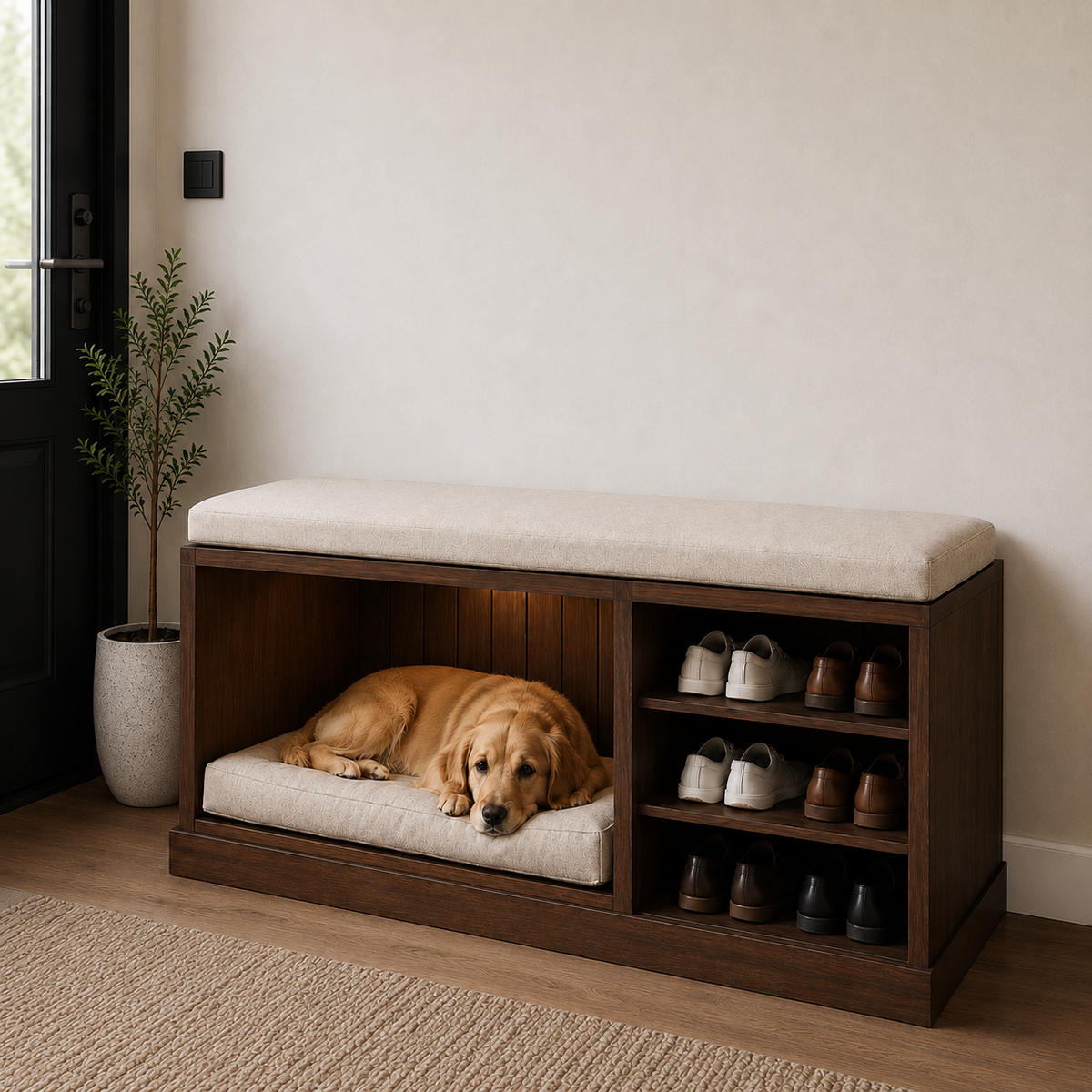 Wooden Entryway Pet Bed Bench with Shoe Storage - Walnut & Cream