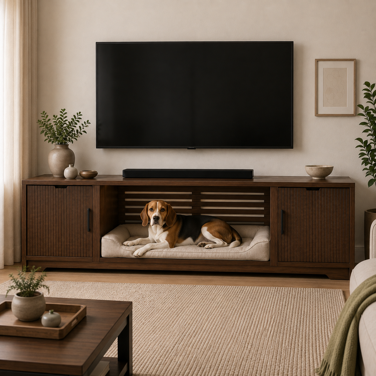 Havenwood Pet Bed TV Console with Storage - Walnut & Cream