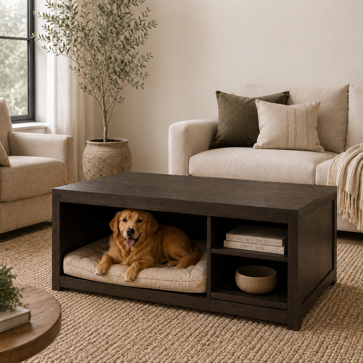 Wooden Coffee Table with Integrated Pet Bed & Storage - Dark Walnut & Cream