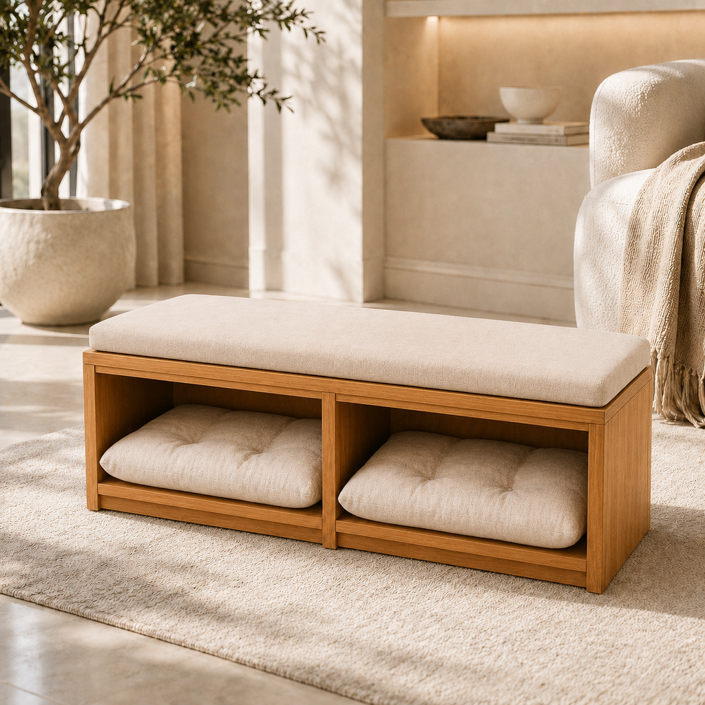 A wooden bench with a thick cream upholstered seat cushion and two matching seat cushions inside open storage compartments, shown in a softly lit living room setting.