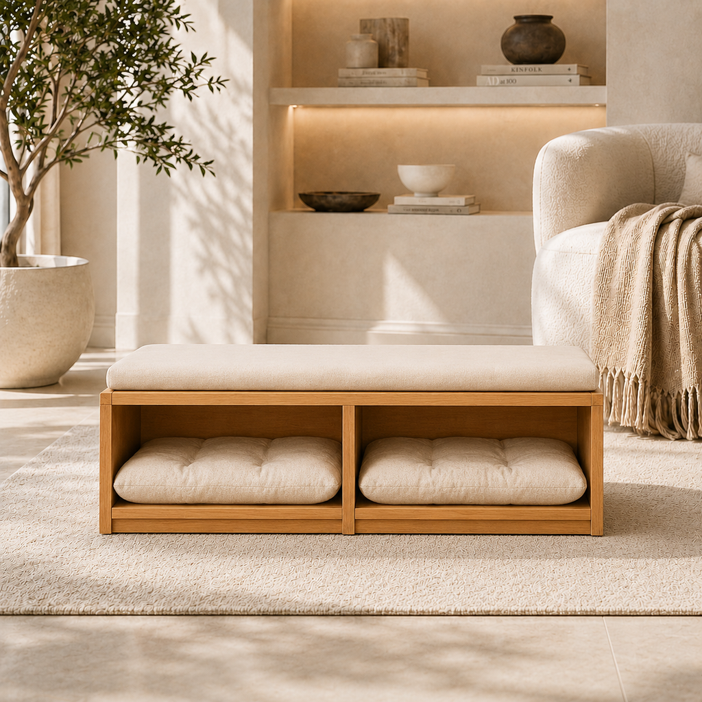 A light wood storage bench with a thick cream upholstered seat cushion and two matching seat cushions in the open lower compartments, placed in a softly styled living room with a rug, chair, shelving, and potted plant.