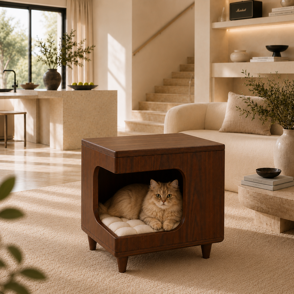 Modern Wooden Pet House Side Table with Cushion