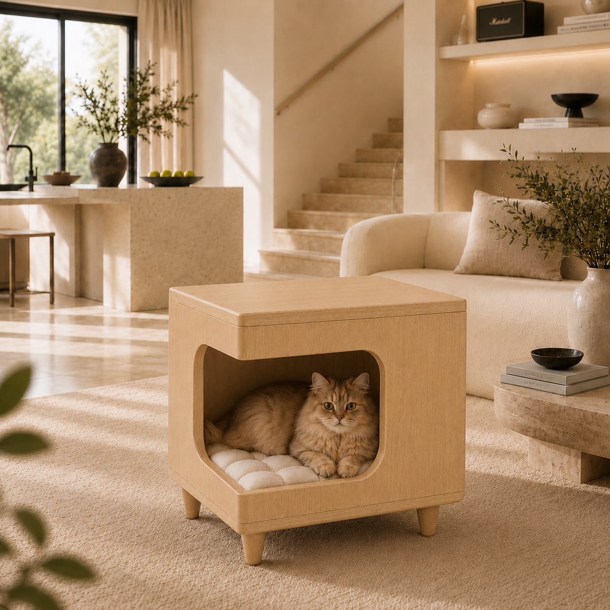 Modern Wooden Pet House Side Table with Cushion